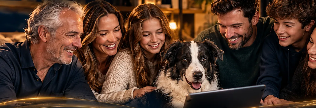 A family gathered around a laptop with Berty in the middle of them