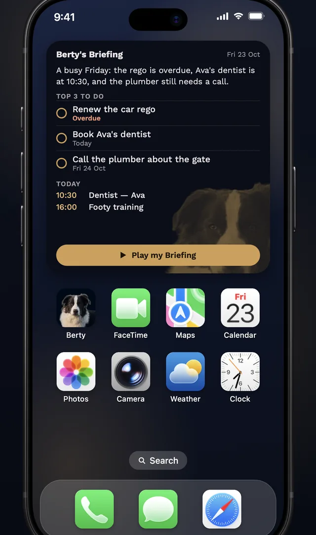 An iPhone Home Screen with Berty's Briefing widget showing the Top Three and today's events