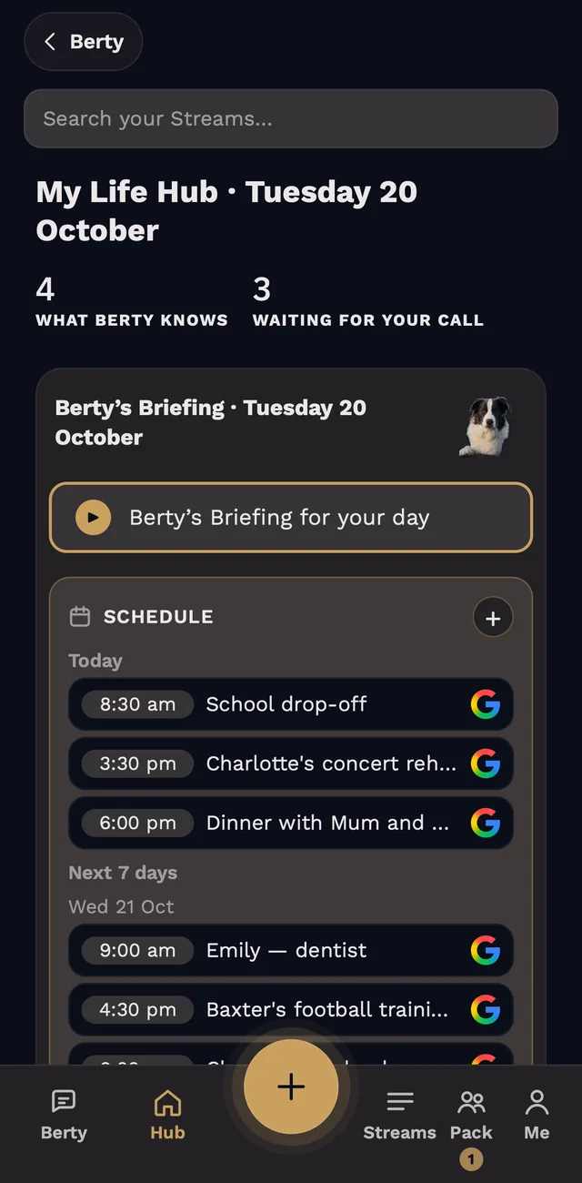 Berty's Hub on iPhone: the Briefing for Tuesday 20 October, a play button and today's schedule