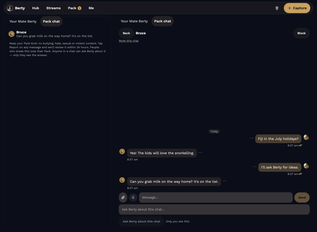 Pack chat on iPad, with family members sharing a shopping list